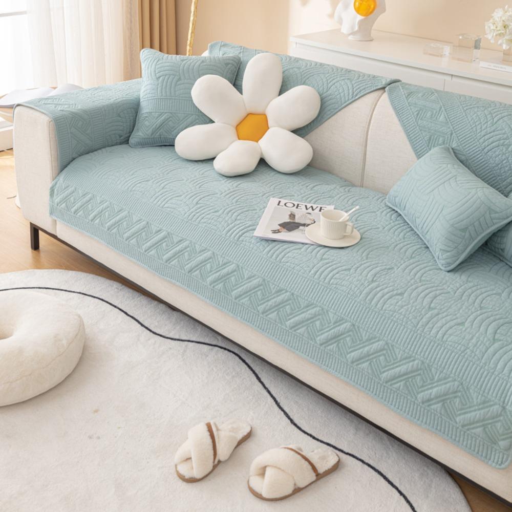 Washable Cotton Quilted Sofa Protector Non Slip Modern Embroidery Sofa Cover All Season Use