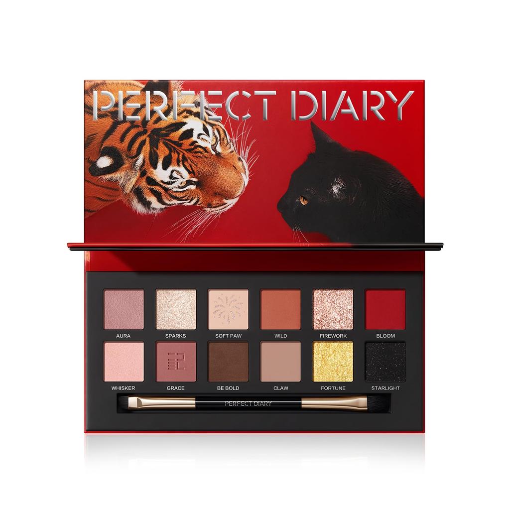 PERFECT DIARY Animal Eyeshadow Popular Eye Highly Pigmented Highly Adhesive Makeup Palette x 12 Palette, Makeup, Gift, & (1.2g Shades) (Tiger & Cat)