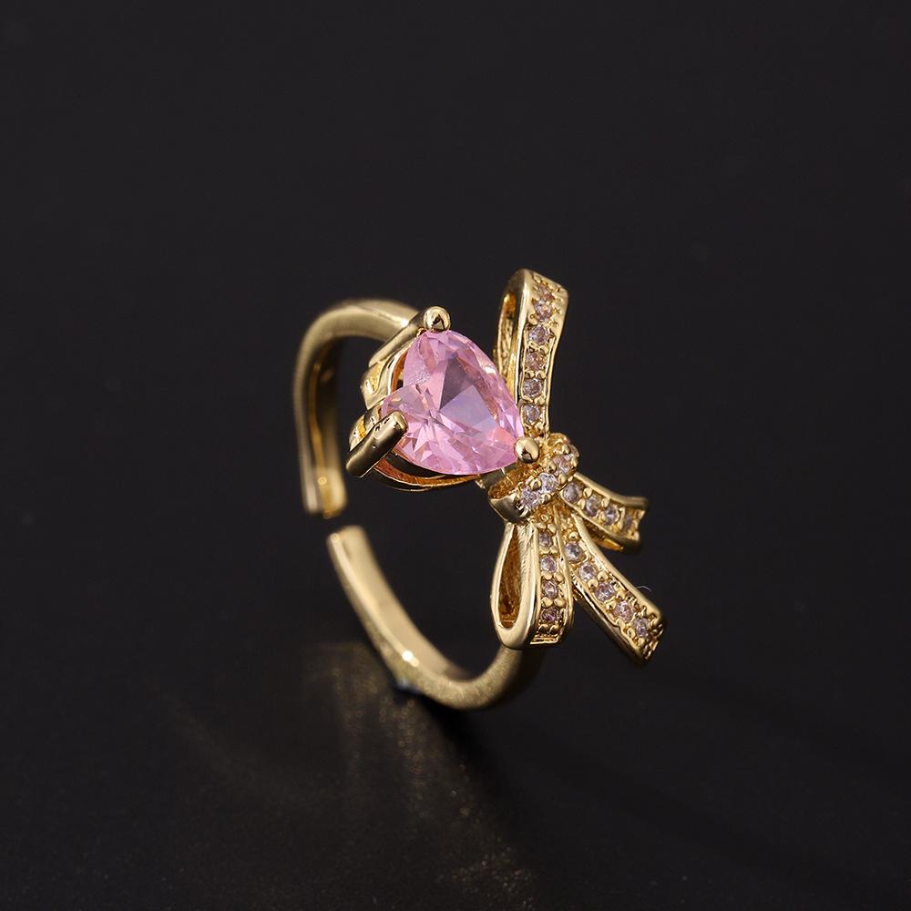 Sweet Bow Zircon Ring Vintage Light Luxury Fashion Pink Open Adjustable Women Jewelry Gift