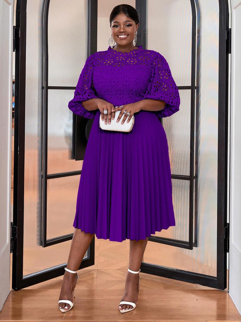 Plus Size Lace Lantern Sleeve Dress with Pleated Skirt - Christmas Gift