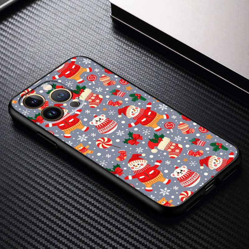 Weihnachts-Cartoon-Muster Handyhülle für Apple iPhone 17 16 16E 15 14 13 12 11 Pro Max Plus Schwarzes Weiches Silikon