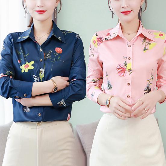 Slim Large Size Floral Fit Print Lapel Casual Button Long Sleeve Shirt Blouse