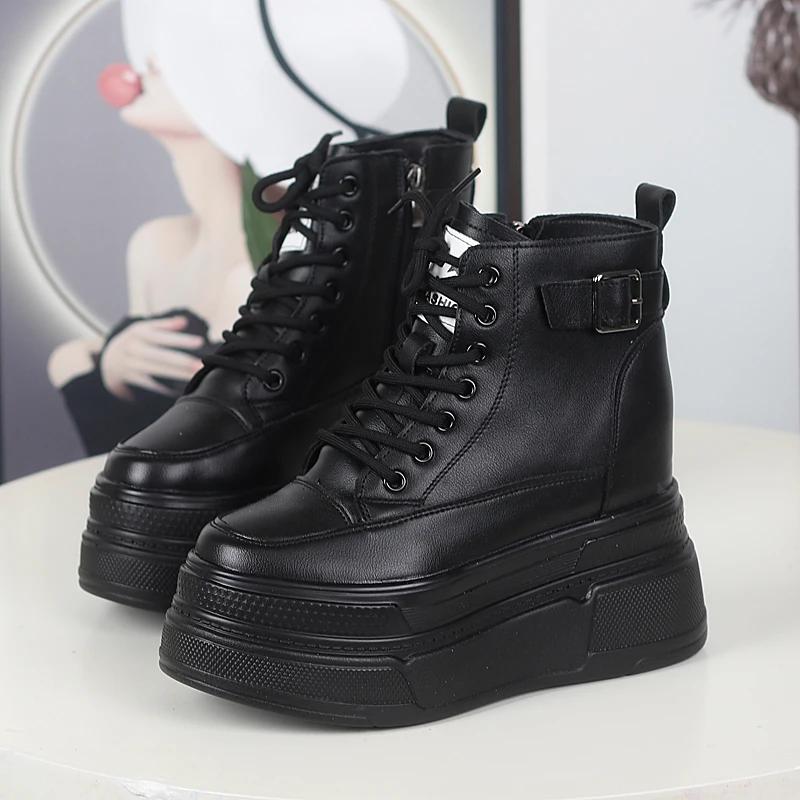 Fashion 12cm Women Autumn Chelsea Spring Ankle Booties Fashion Chimney Ankle Round Toe Wedge Shoes British Genuine Leather Boot