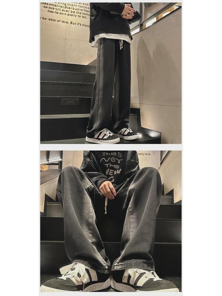 Męskie jesienno-zimowe koreańskie luźne jeansy casual z szerokimi nogawkami