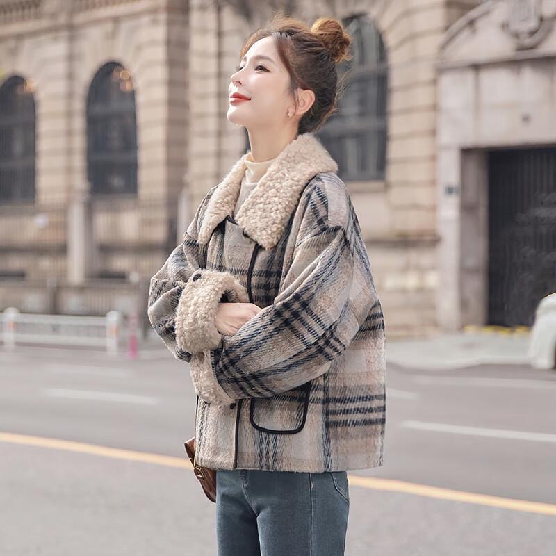 Damen Retro Karierter Wollmischungs-Reversmantel