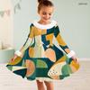 Girls Faux Fur Trim High Neck Long Sleeve Geometric Printed A Line Flared Dress