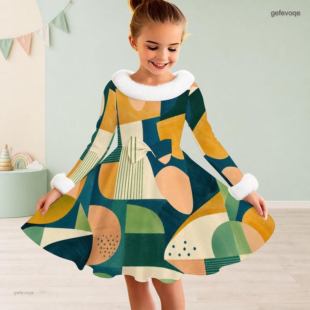 Girls Faux Fur Trim High Neck Long Sleeve Geometric Printed A Line Flared Dress