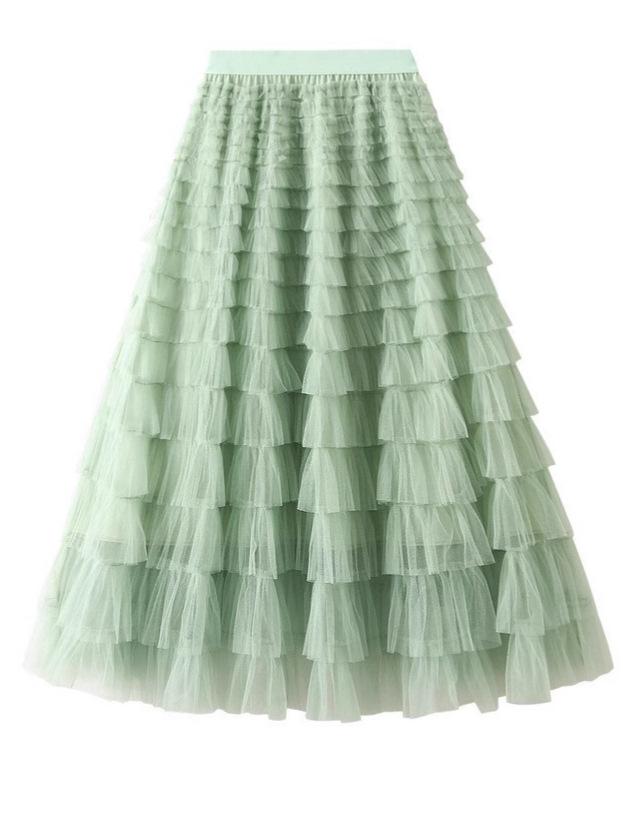 Women's High Waist Layered Tulle Midi Skirt – Autumn/Winter Pleated Puffy Mesh Skirt
