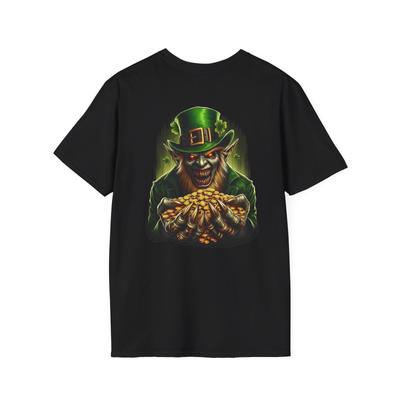 Evil Leprechaun Holding Gold T-Shirt | St. Patrick's Day Horror Back Print