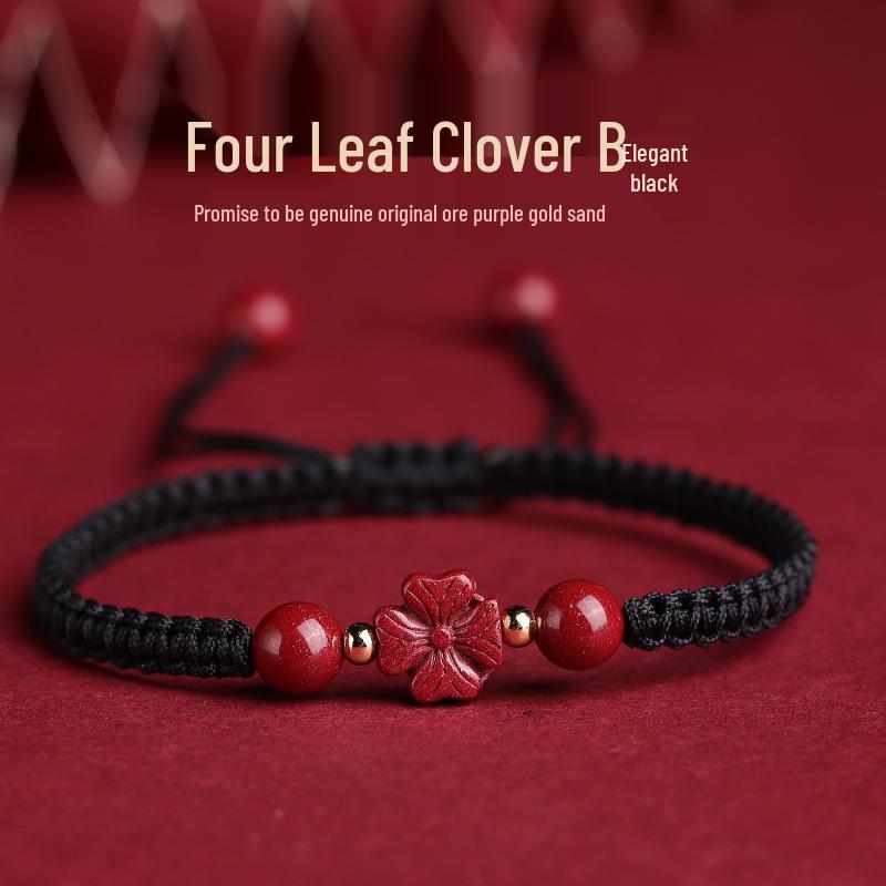 Authentic Cinnabar Four-Leaf Clover Bracelet with Purple Gold Sand and Red Rope for Women and Children