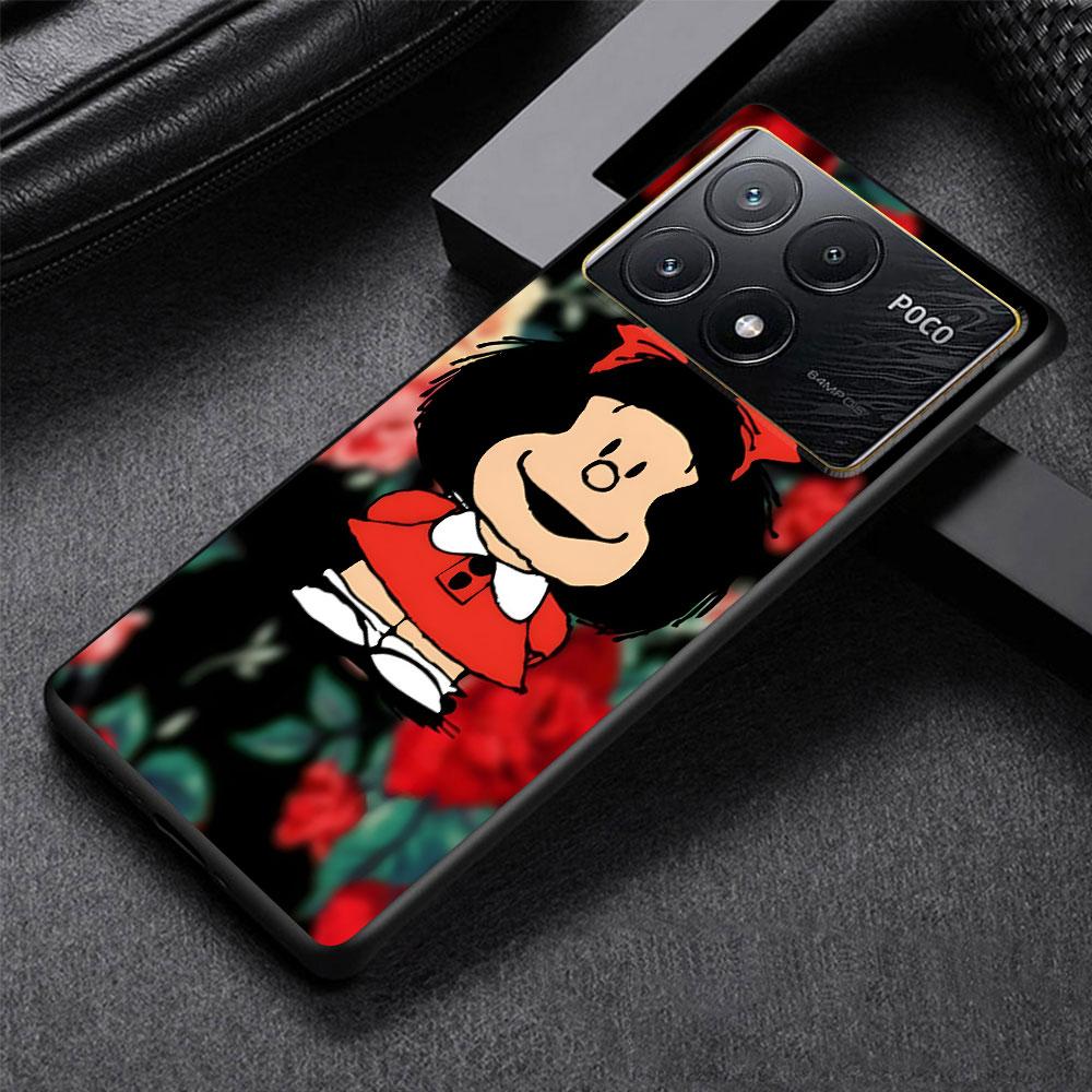 Cute Mafalda Case for Xiaomi Poco X6 X3 NFC M5s X5 F3 M4 M3 Pro Black Silicone Soft Phone Cover Coque