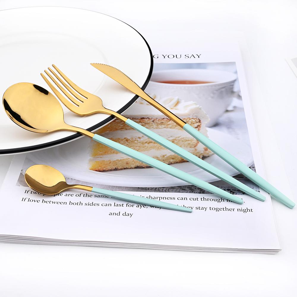 16Pcs Dinnerware Knife Fork Coffee Spoon Cutlery Set  Flatware Stainless Mint Green Gold Steel Silverware Tableware Set