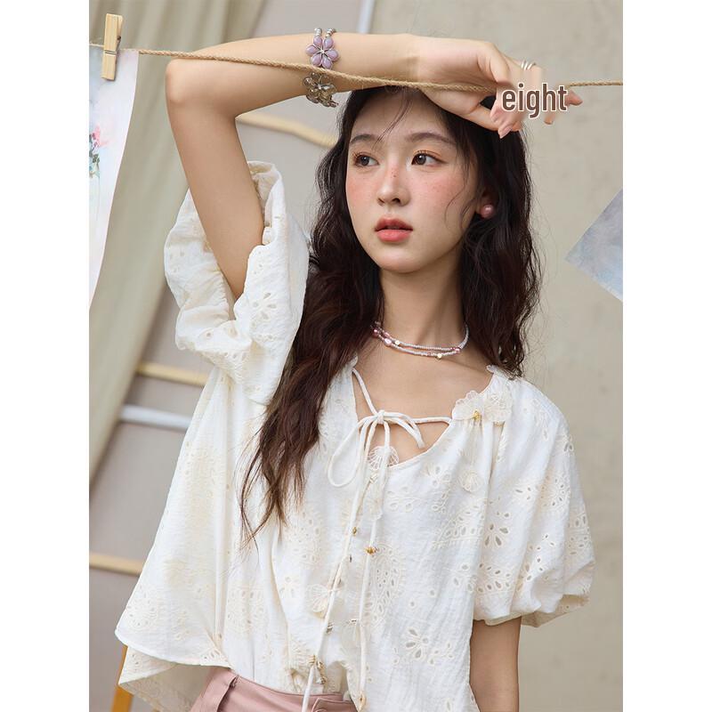 Women s Retro Embroidered Petal Sleeve Shirt S