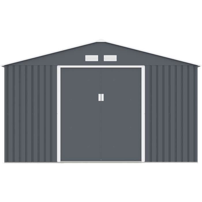 Abri de jardin en métal 12,99 m² - 340 x 382 x 210 cm - NEPTUNE - Kit d'ancrage inclus, 2 portes coulissantes - Gris