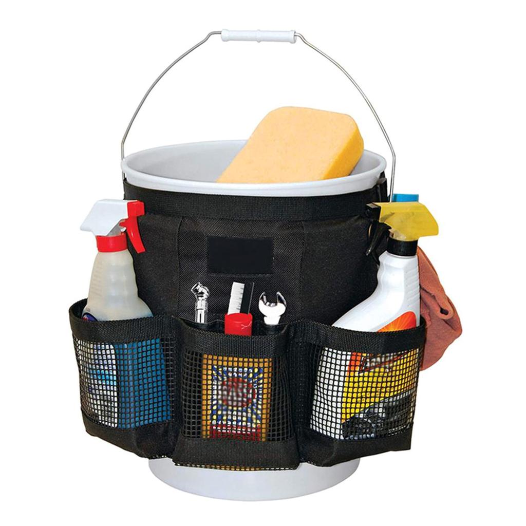 Bucket Organizer for Cleaning and Gardening Tools - Water-Resistant Mesh Pockets, Fits 3.5 to 5 Gallon Buckets (Black)
