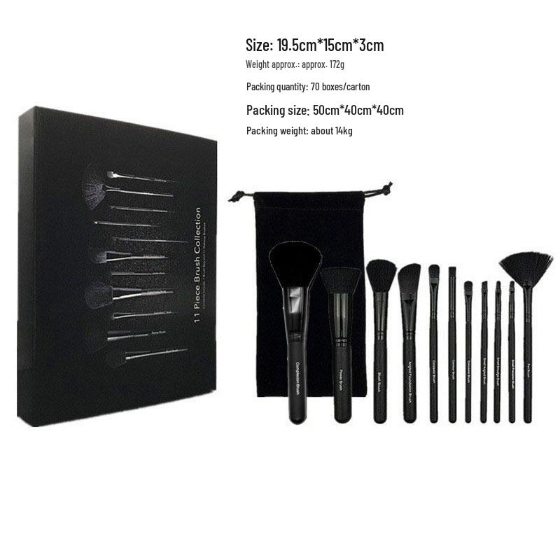11-Piece Professional Makeup Brush Set with Black Wooden Handles