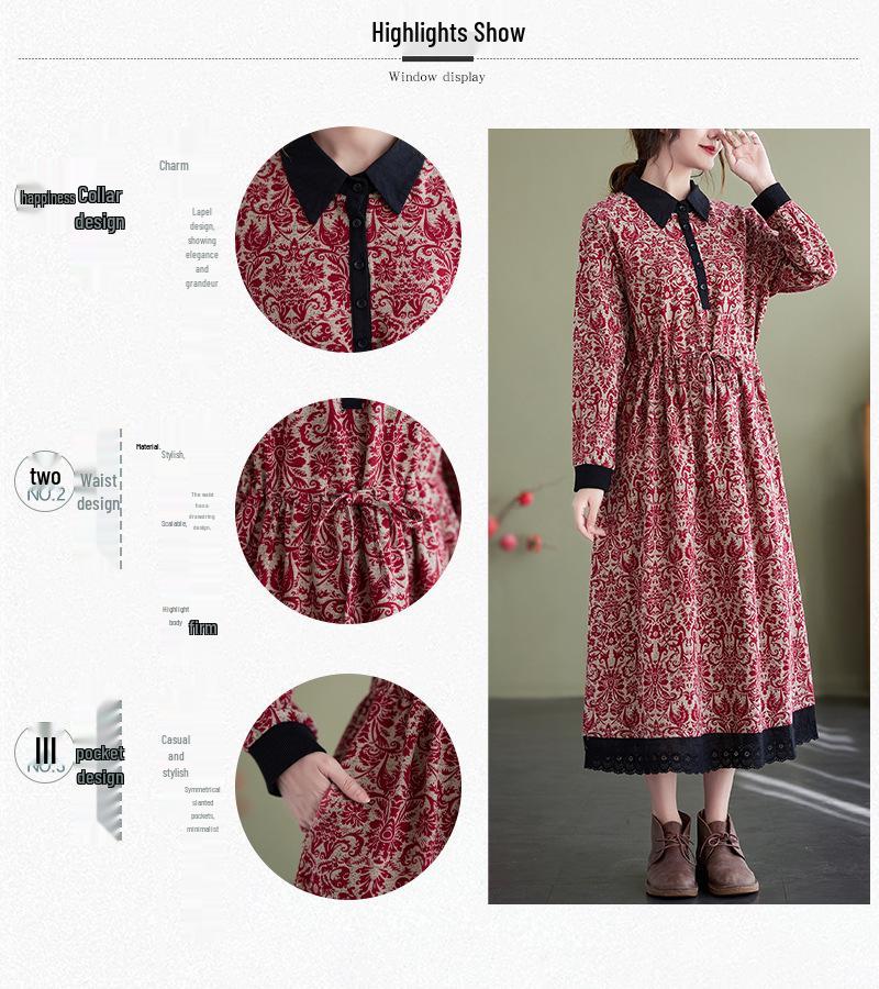 Autumn Literary Print Dress: Long-Sleeved, Cotton-Linen, Loose Fit, Extended Style with Shirt Collar
