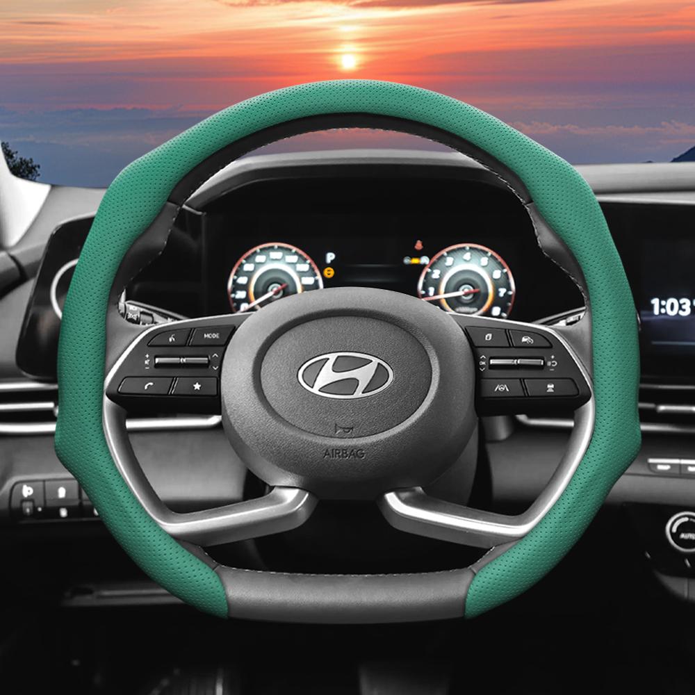 Suitable for Hyundai Perforated Leather Steering Wheel Cover, Non-Slip, Sweat-Absorbent, Breathable, Integrated Protective Case Elantra N Sonata Ioniq