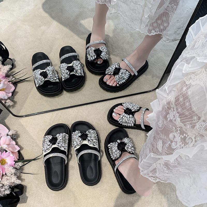 2025 Women's Summer Wear Cool Slippers with a Hundred Matching Thick-bottomed Rhinestone Bow Skirt Summer New French Flat-bottomed Drag