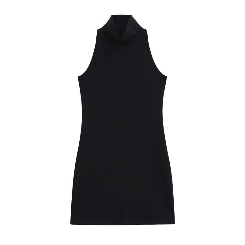 

Women s Sleeveless Halter Dress - Waist-Cinching High Neck, Button-Up, Backless Style, Slimming Short Skirt. Small чёрный