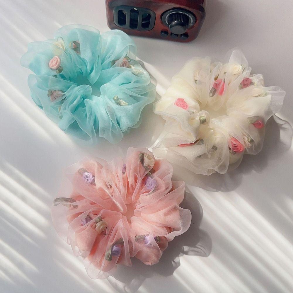 

Girls Headdress Double Layer Rose Flower Hair Rubber Bands Women Hair Ties Mesh Flower Scrunchies