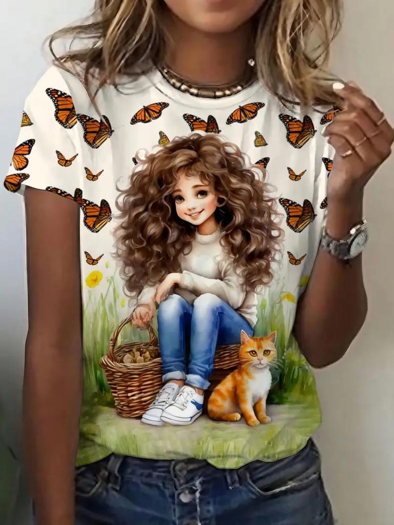 Girl Clothes Cute Cartoon Girl 3D Print Summer Casual Short Sleeve Fashion O-Neck Kids Top Trendy Streetwear Children's Clothing