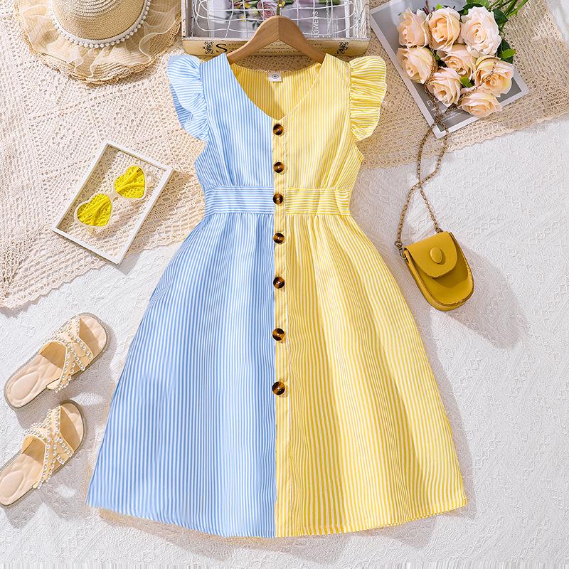 2025 Girls' Summer Striped Princess Dress with Fly Sleeves