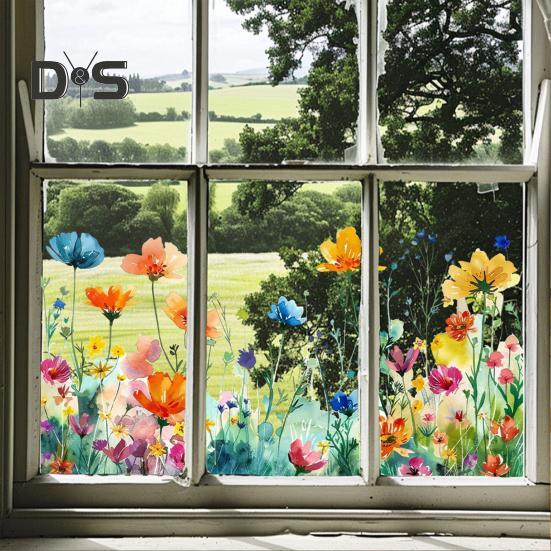 Colorful Floral Static Sticker Double-Sided Waterproof Flowers Sticker Spring Window Clings for Glass Windows Doors Home Office Decor