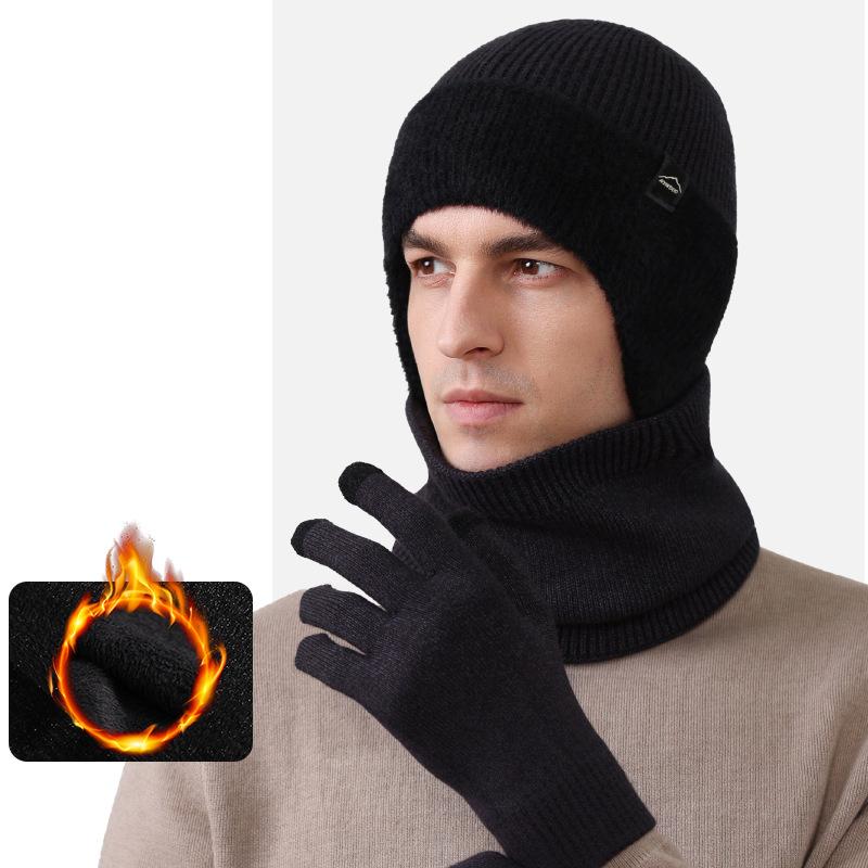 Wollmütze Herren Winter Outdoor Warme Mütze Schal Handschuhe Anzug Hochelastische Strickmütze