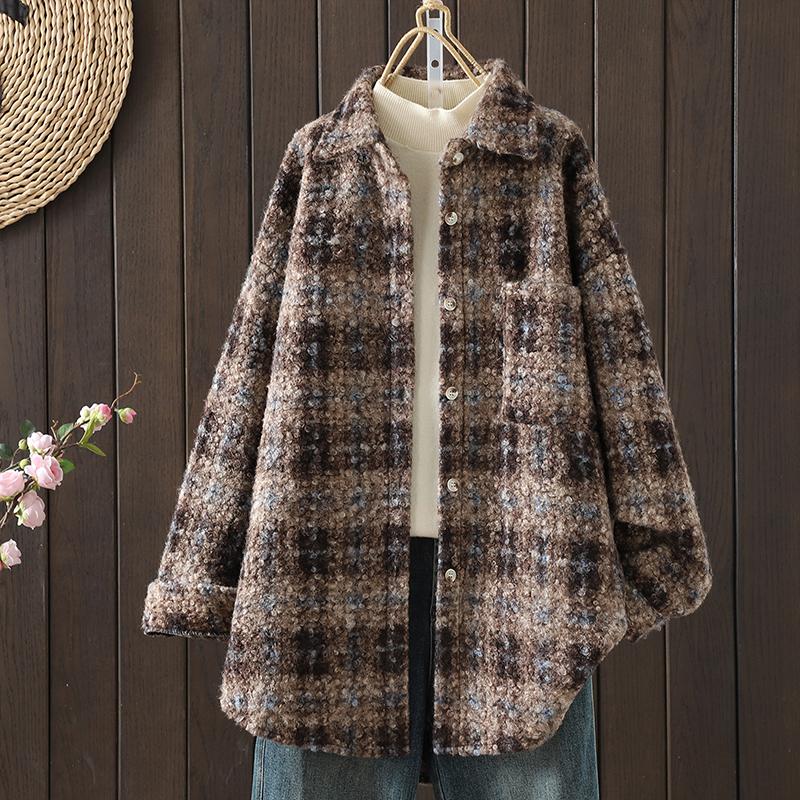 

DIMANAF 2025 Новые осенне-зимние женские пальто и куртки больших размеров, свободная повседневная верхняя одежда, винтажная женская клетчатая хлопковая толстая с длинным рукавом one size темно-коричневого