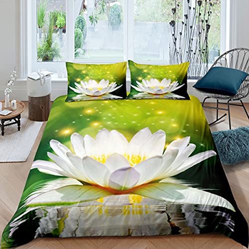 Lotus Duvet Cover Set Pink Flowers And Green Leaves Polyester Comforter Cover King Queen Size For Kids Girls Women Bedding Set