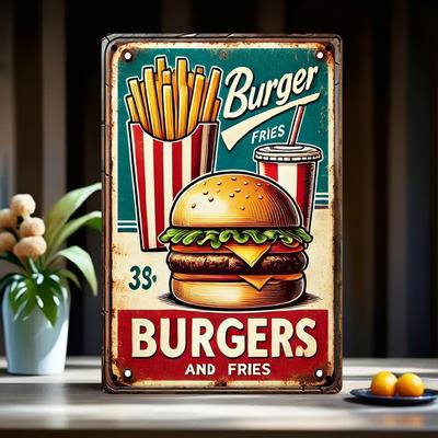 Vintage "Burgers and Fries" Metallblechschild - 20x30 cm Eisen Wandkunst, Restaurant Cafe Bar Dekor, Retro Plakette