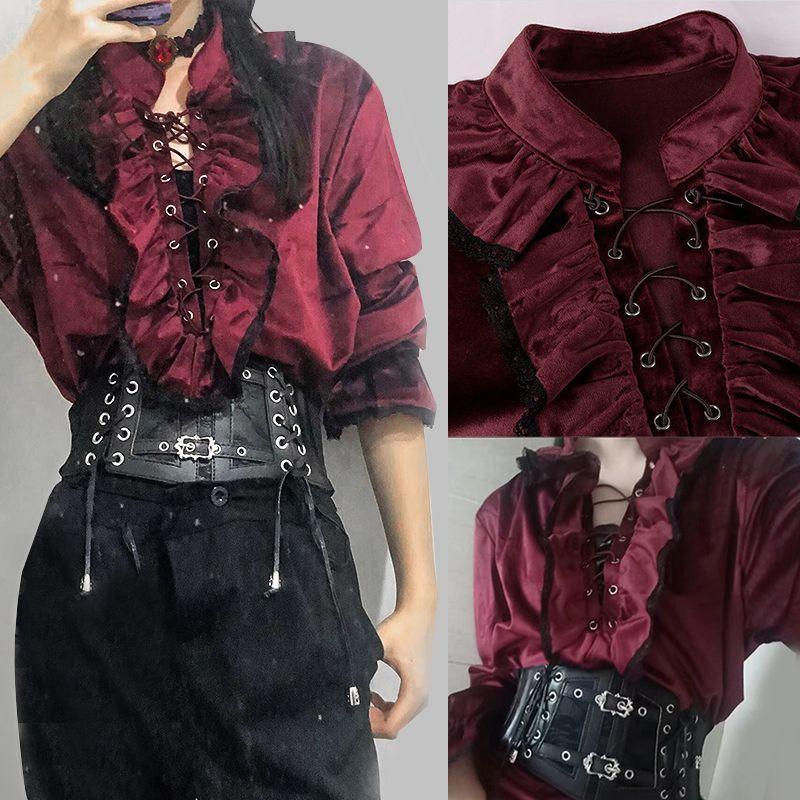 Halloween Cosplay Vintage Mittelalter Viktorianisch Herren Damen Gothic Lolita Spitze Rüsche Hemden Bluse Steampunk Pirat Vampir Kostüm Ohne Gürtel