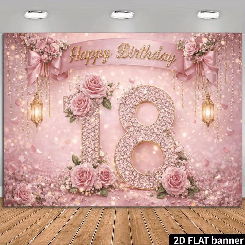 2D Pink 18th Birthday Backdrop Photo Booth Props with Sparkles