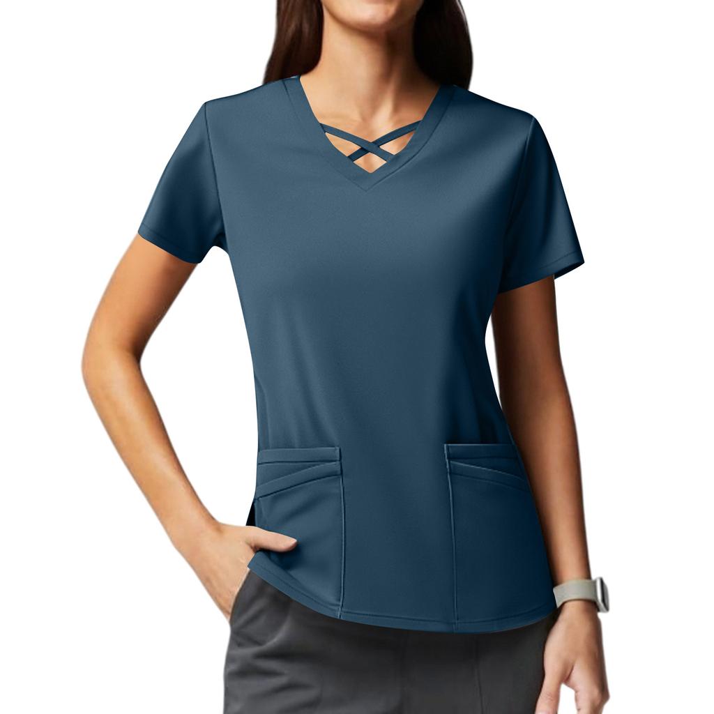 Women’s Short Sleeve V Neck Scrub Top with Cross Neckline and Two Front Pockets for Uniforms