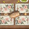 4pcs Elegant Pink Roses Shabby Chic Placemats - Vintage Floral Table Mats with Soft Pink Roses & Green Foliage on, Rectangular Linen