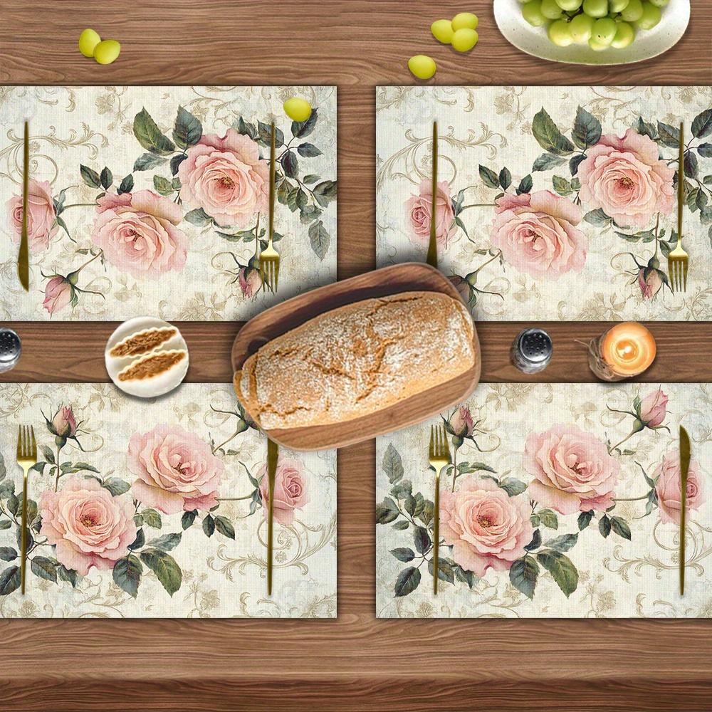 4pcs Elegant Pink Roses Shabby Chic Placemats - Vintage Floral Table Mats with Soft Pink Roses & Green Foliage on, Rectangular Linen