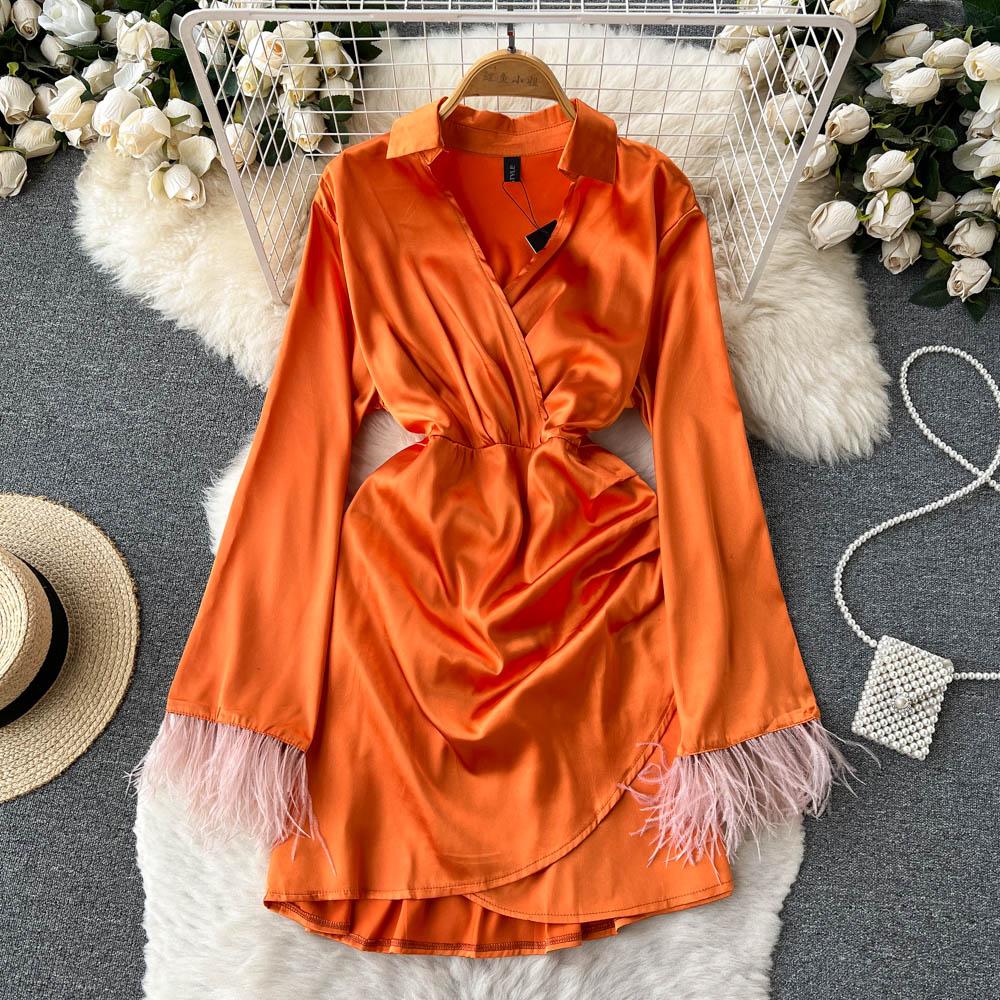 

Осеннее платье, темпераментное платье богини с веерной талией, высокое чувство, квазилегкое ветровое платье с неровными складками на бедрах