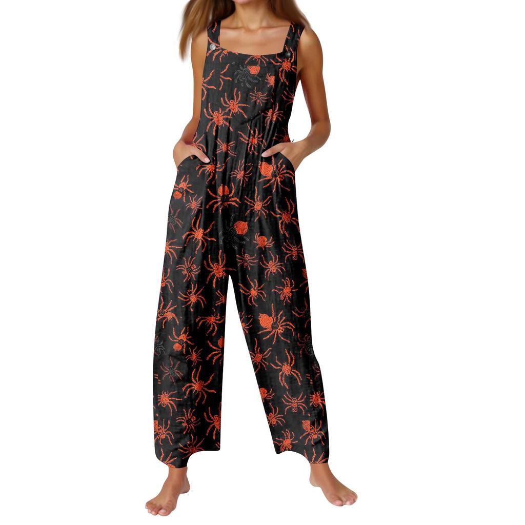 Damenmode Halloween-Print Lässiger Vintage Ärmelloser Knopf-Jumpsuit