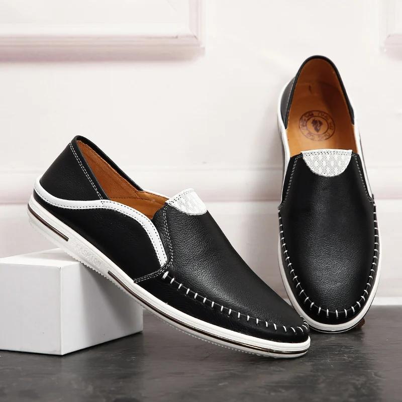 Fashion Italian Mens Shoes Comfy Summer Men Loafers Non-Slip Genuine Leather Moccasins Light Breathable Slip on Boat Shoes Lightweight