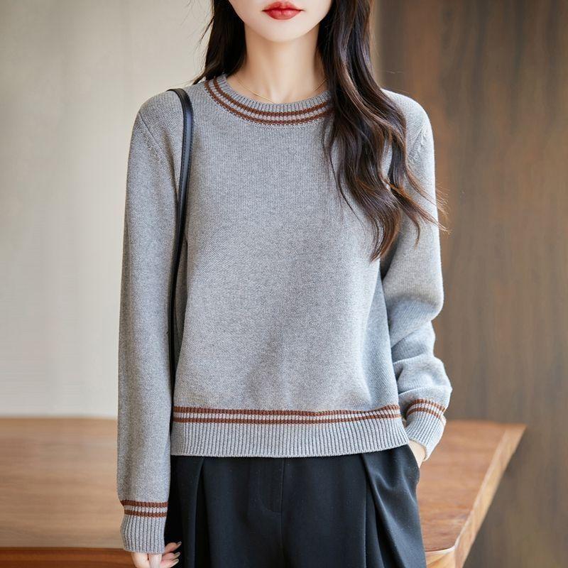 Round Neck Knitted Sweater for Women Loose and Slimming Versatile Sweater Base Knitted Top