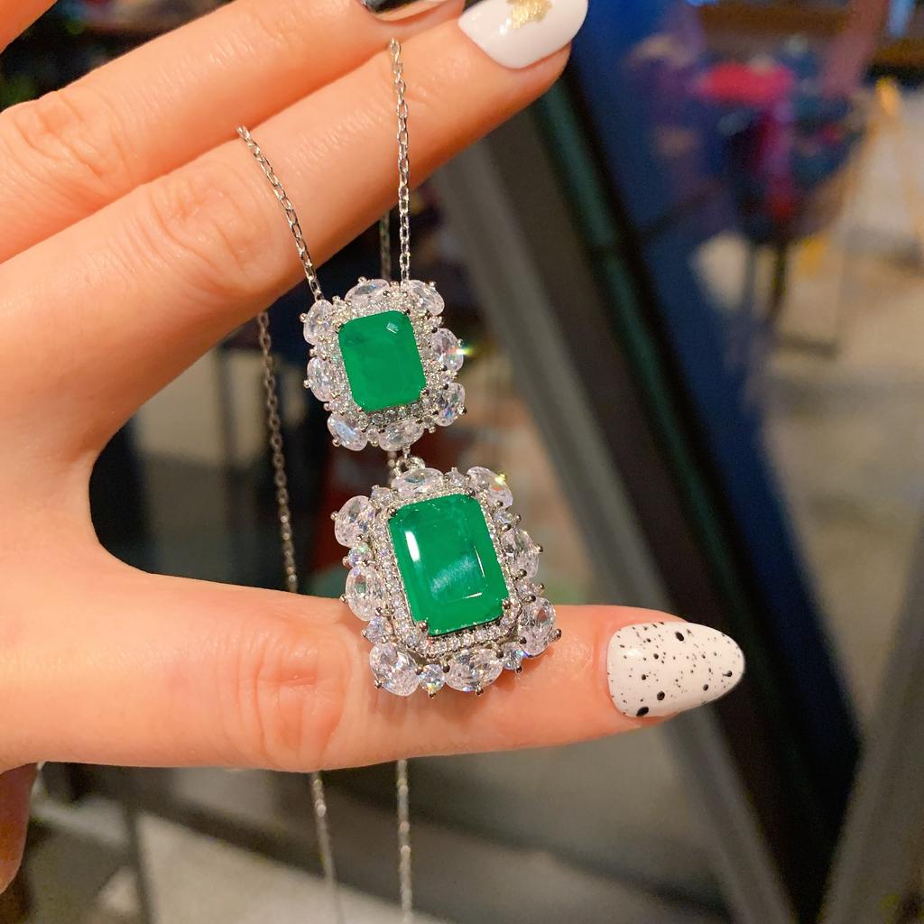 S925 Silver Needle Popular Simulation Jewelry Accessories Set Emerald Three-piece Fashion Women's