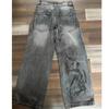 American Harajuku Vintage Print Jeans Y2K  Men Washed Gray Straight Pants Street Gothic Loose Unisex Trousers Tide