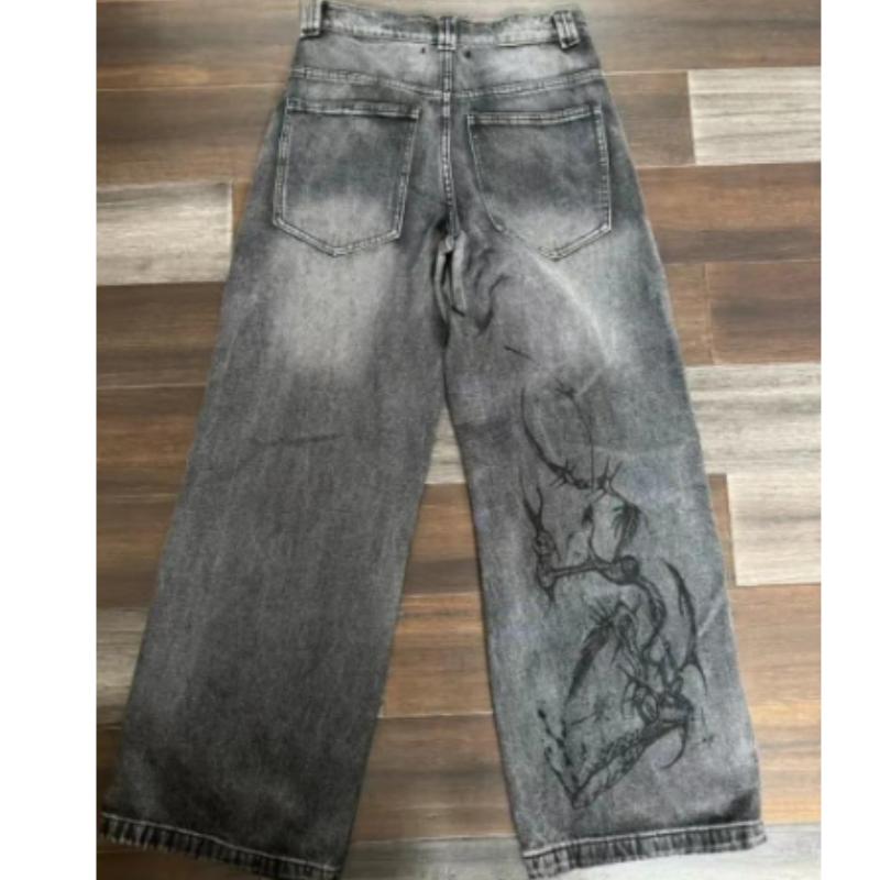 American Harajuku Vintage Print Jeans Y2K Men Washed Gray Straight Pants Street Gothic Loose Unisex Trousers Tide