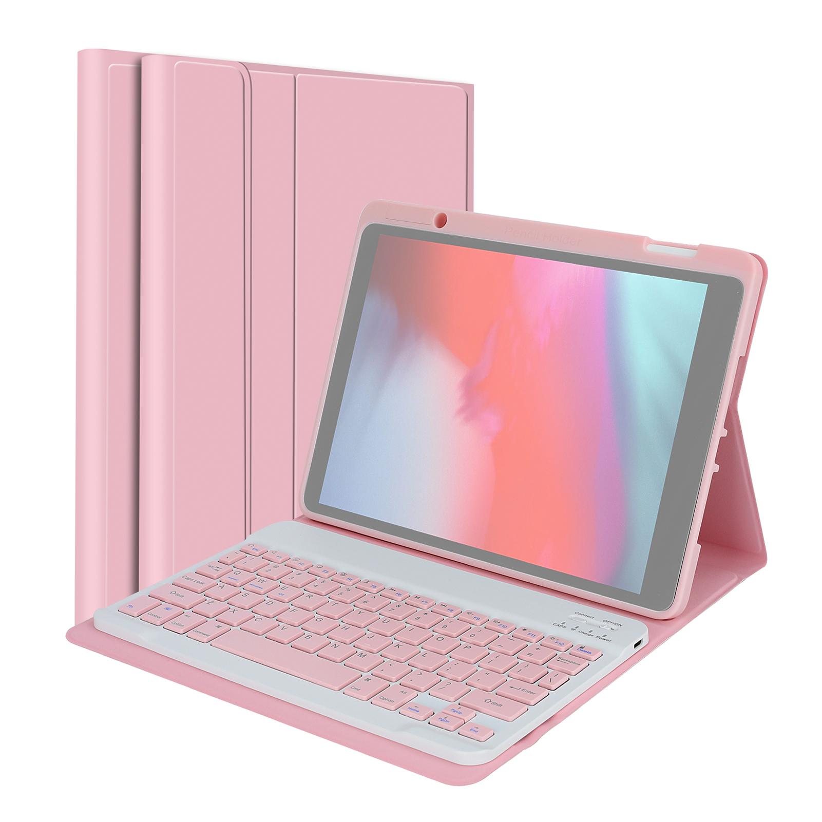 Teclado USB sem fio BT com capa protetora de couro PU para tablet compatível com iPad cor-de-rosa