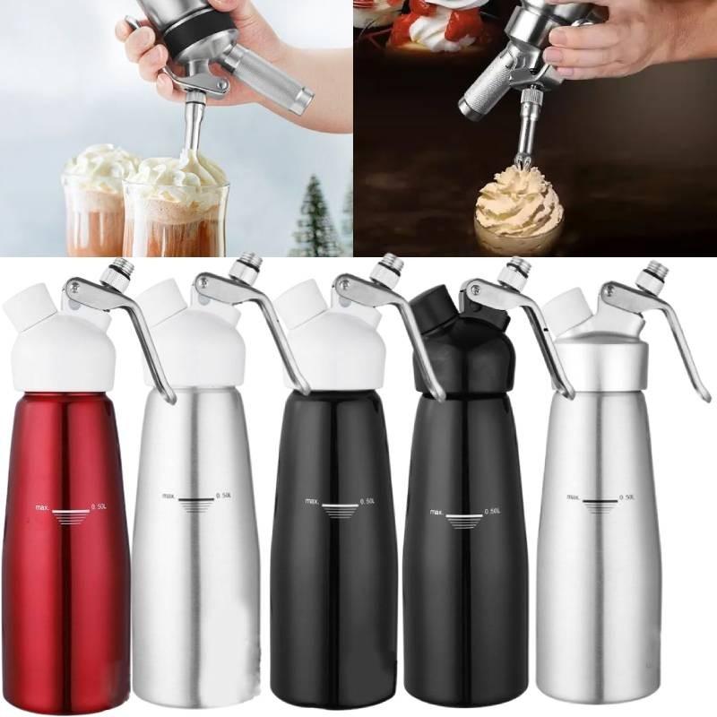 Bottiglia sifone per panna montata in acciaio inox di alta qualità, ideale per decorare e guarnire il caffè, disponibile nei formati da 500 ml e 1000 ml.