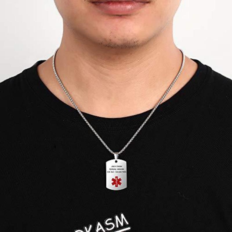 Custom Engraved Stainless Steel Medical Alert Id Tag Pendant Identification Necklace