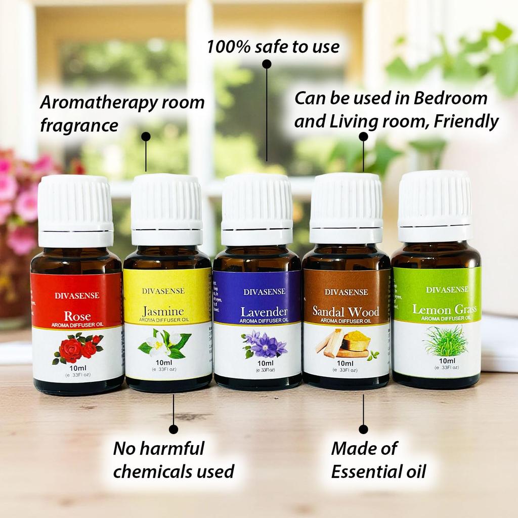DIVASENSE (Pack of 5, 10ml) Aroma oil diffuser essential oil for air diffuser for home fragrance, 10ml x 5 Lavender, Rose, Jasmine, Sandalwo