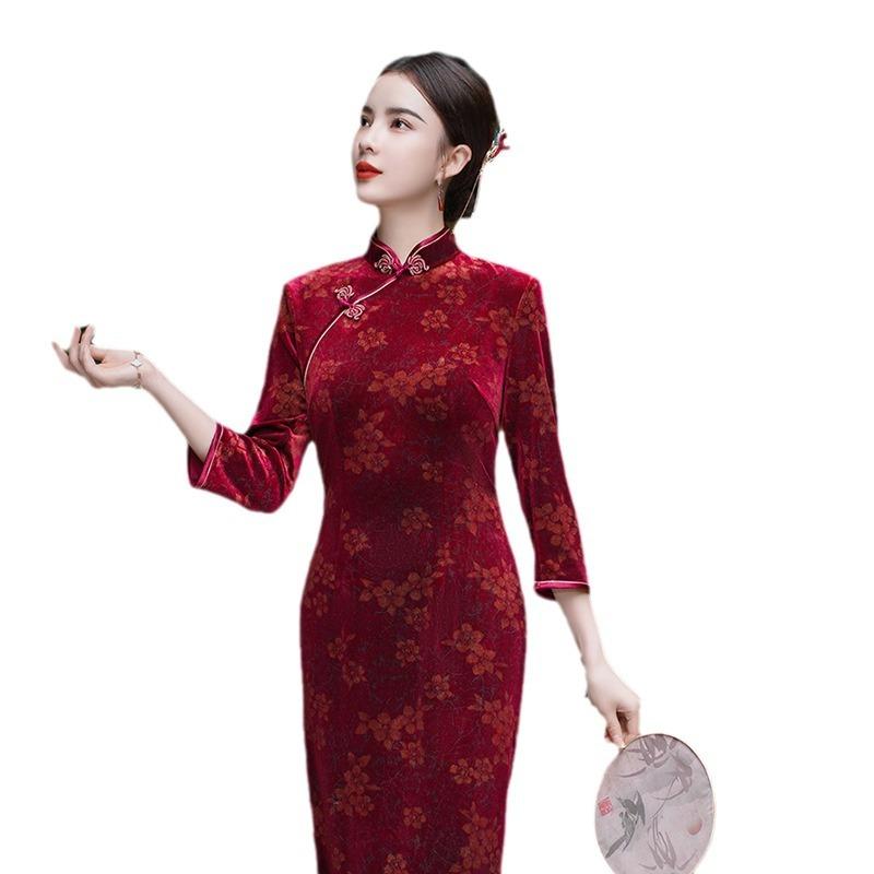 1011 autumn and winter new velvet cheongsam Chinese style large size long nine-quarter sleeve wedding dress