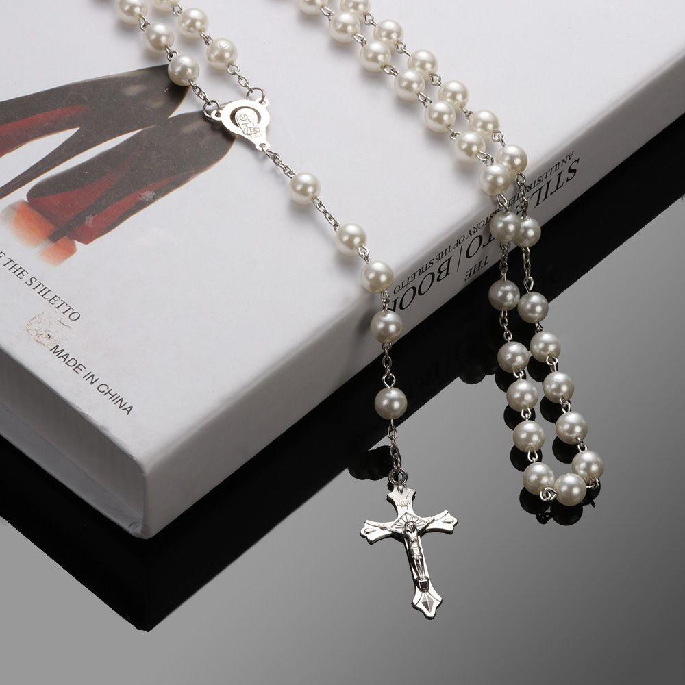 Jewelry Crucifix Charm Vintage Cross Necklace Jesus Rosary Beads Chain Virgin Mary Pendant